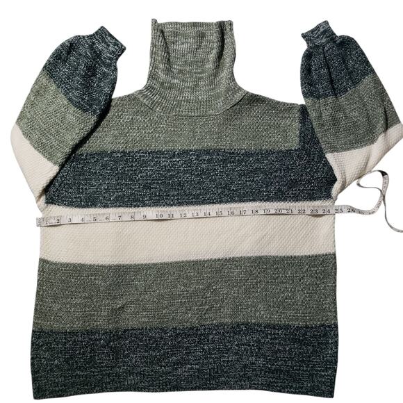 Zenana Knit Turtleneck Sweater Women's XL Green Cream Striped Balloon Sleeve - Picture 9 of 10